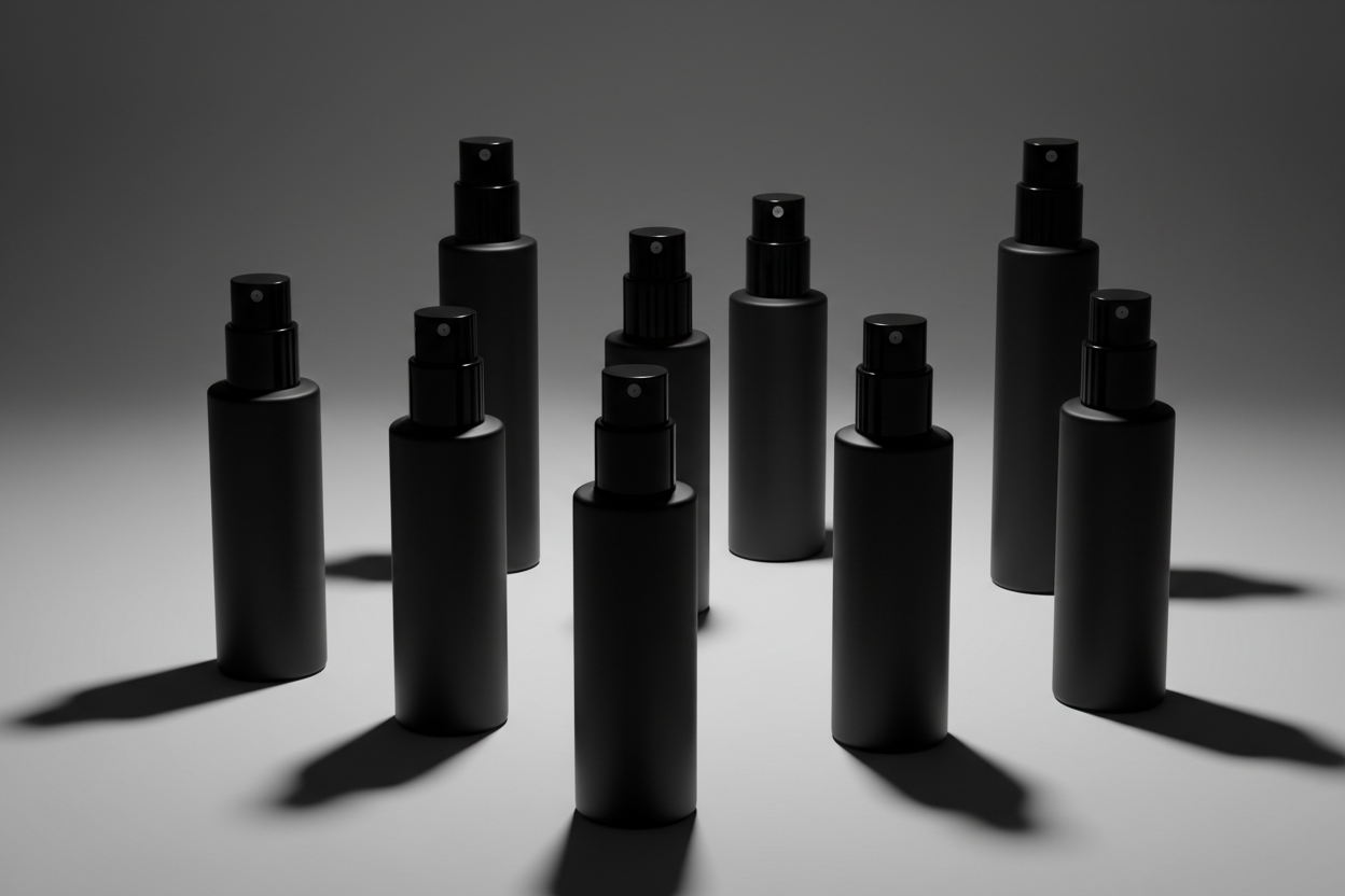 genera una imagen con varios decants de perfume en tonos negros, gris y blancos, que el color de los decanst sea completamente negro y su textura solida, cristal opaco y que los decants sean cilindricos.